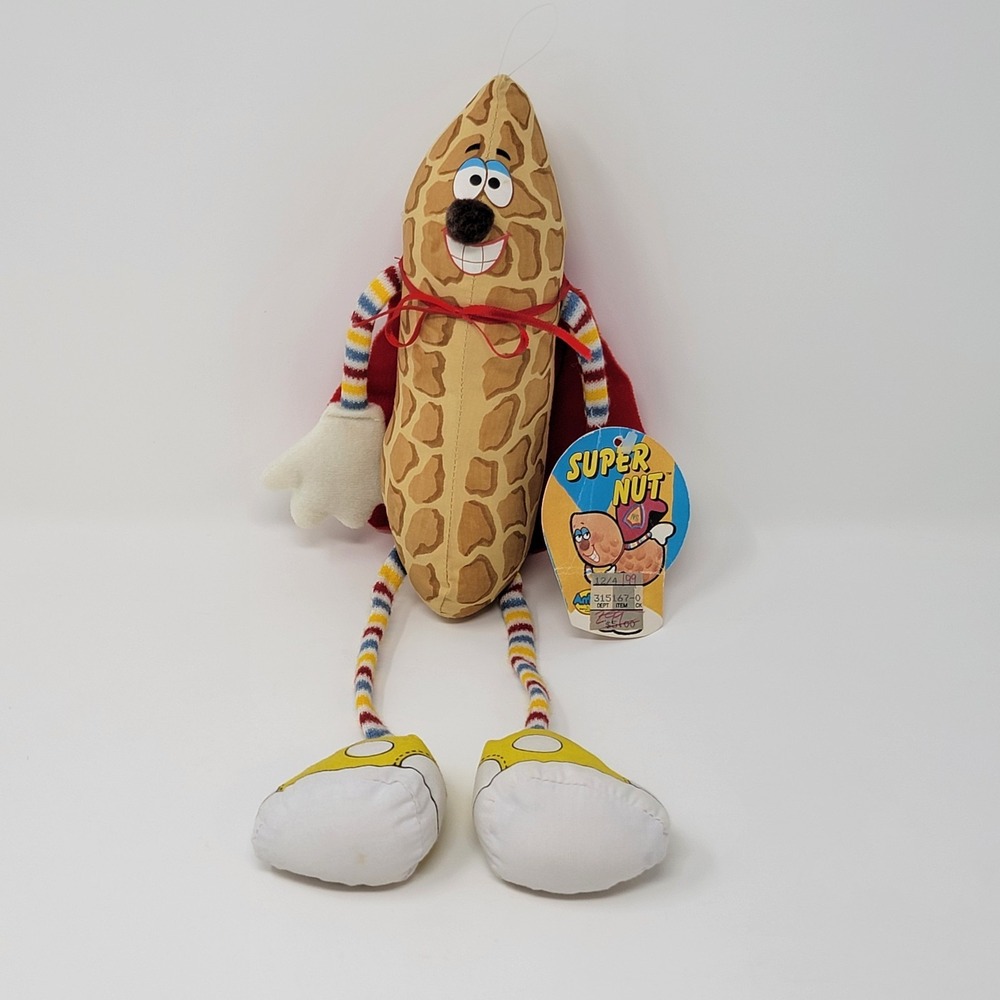 1984 AmToy 13 inch Super Nut Peanut Plush with Red Cape - Hangtag still Attached